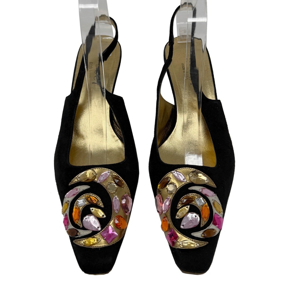 Gucci Black Slingback Kitten Heels Gold Jewel Suede 7B Y2K Tom Ford